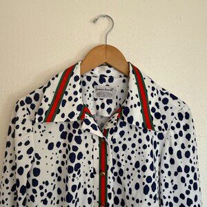 Vintage Jeanne Durrell Navy Dalmation Print Dress with Red/Green Stripe M/L